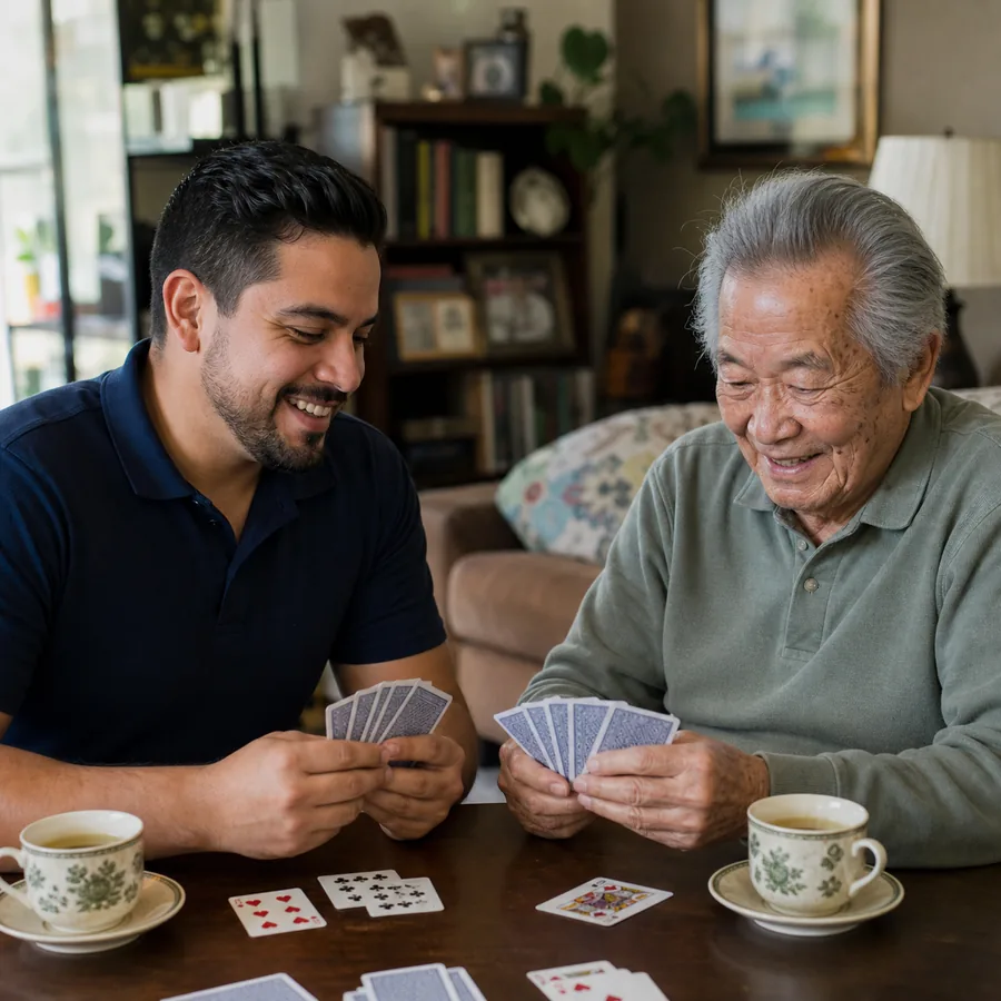 Caregiver and older adult enjoying a card game together