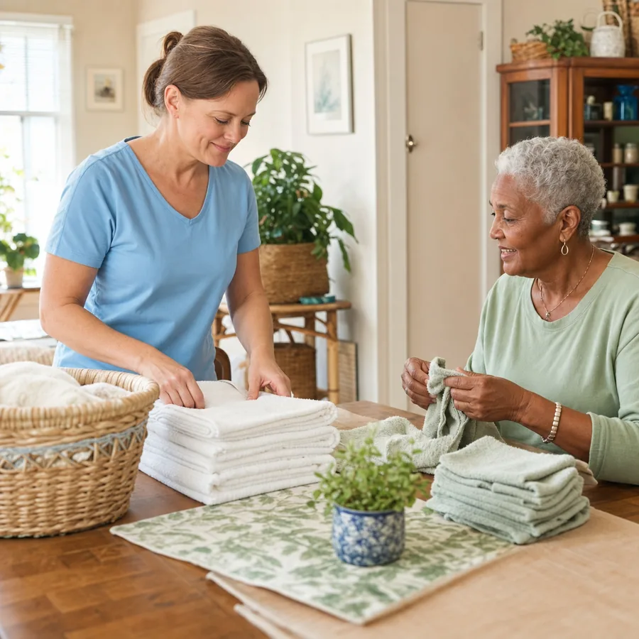 Caregiver and older adult folding clean towels together