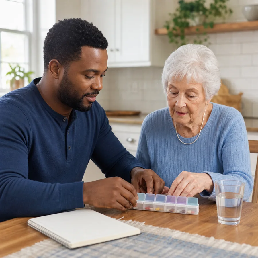 Caregiver helping an older adult organize a weekly medication routine